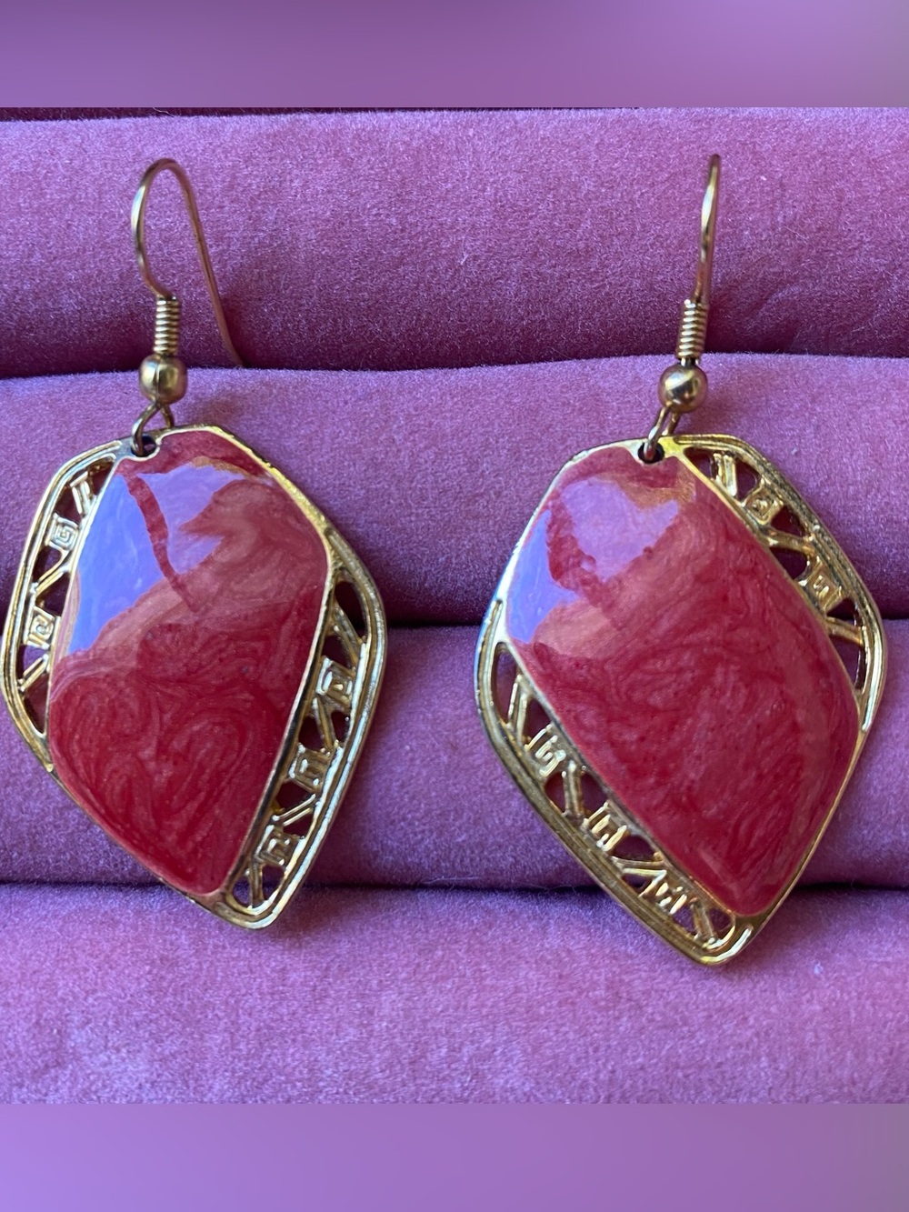 Vintage 80s Barebi Marbled Coral Reddish Gold Drop Earrings